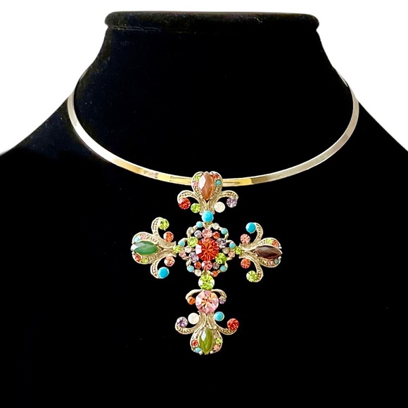 Jewelry - 🇬🇷 GREEK VINTAGE BEJEWELED MULTI COLOURED CRYSTALS SANTORINI CROSS